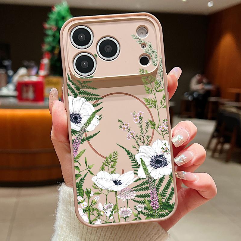 Case For iPhone 17 Pro Max INS White Flower Plants Pattern Magnetic For Magsafe Hybrid Slim Matte Cover For iPhone 16 15 14 13 Pro Max