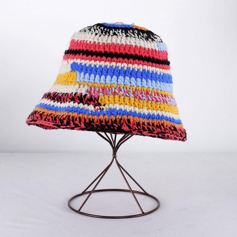 Popular Female Hat Knitting Bucket Hat Handmade Crochet Rainbow Fisherman Hat Women Girl Photo Beanie Warm Striped Cap
