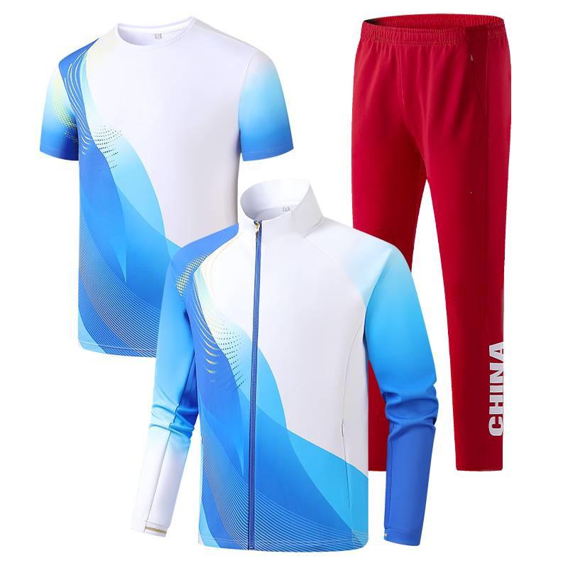 Chinese Team Wind Sports Quick-Dry Three-Piece Set: Short-Sleeved Stand-Collar Jacket, White Long Pants for Opening Ceremony Coaches.