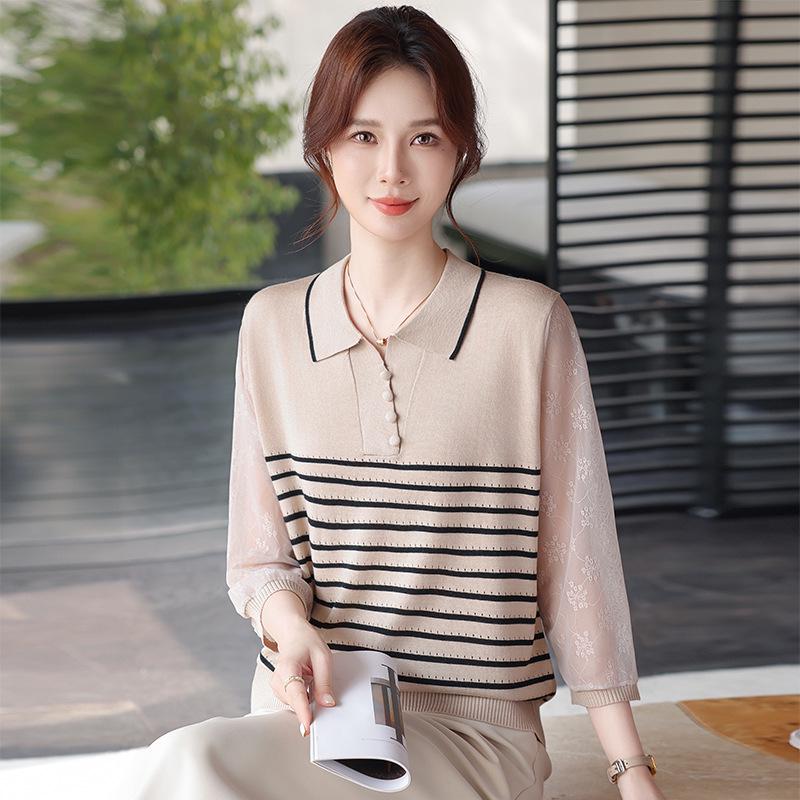 

Spring/Summer Striped Knit Lapel Top for Middle-Aged & Elderly Women, Three-Quarter Sleeve Stylish Tee 2XL (recommended for 110-120 jin) бежевий