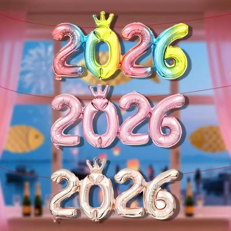 Party Supplies 2026: Crown Number Foil Balloons - Happy New Year Eve Decor & Christmas Navidad Photo Props