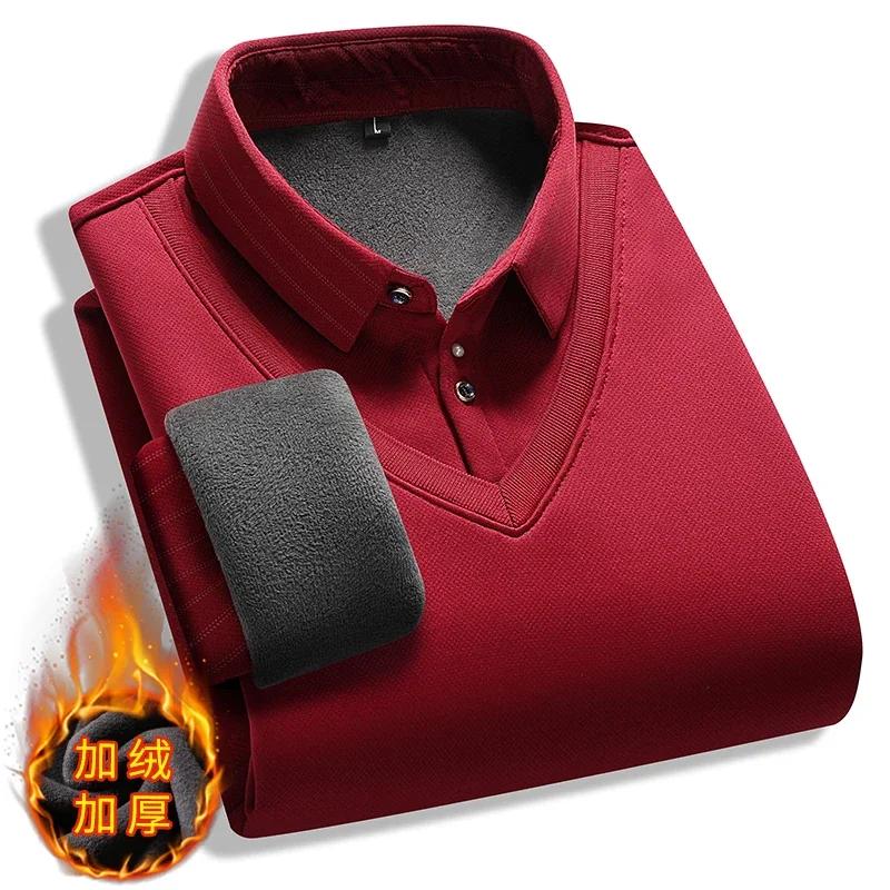 Męski sweter dzianinowy z fałszywym dwuczęściowym fasonem 2025 Zima Ciepły top Pogrubiony aksamitny polarowy podszewka Kołnierzyk koszulowy Sweter Odzież męska