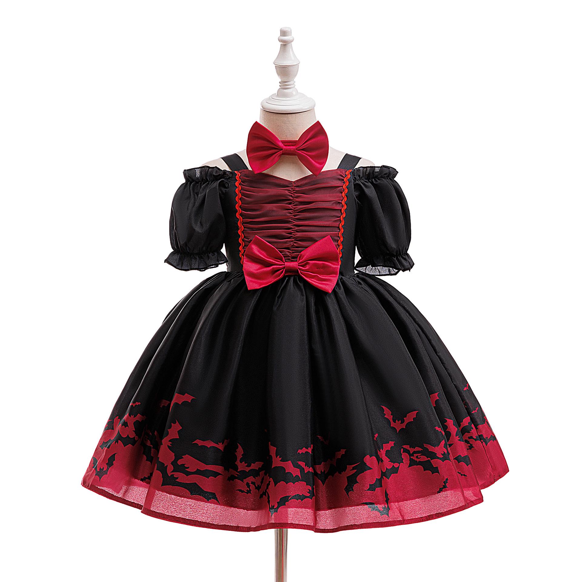 

Children s Halloween Bat Princess Dress Costume - Black & Red Patchwork Puffy Skirt with Bow. 150 cm / 8 Years чёрный/красный