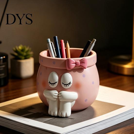 Pink Aesthetic Decor Cute Cartoon Girl Pen Holder, Resin Makeup Brush Decorative Desktop Creative Stationery Holder Organizer with Bow Design,