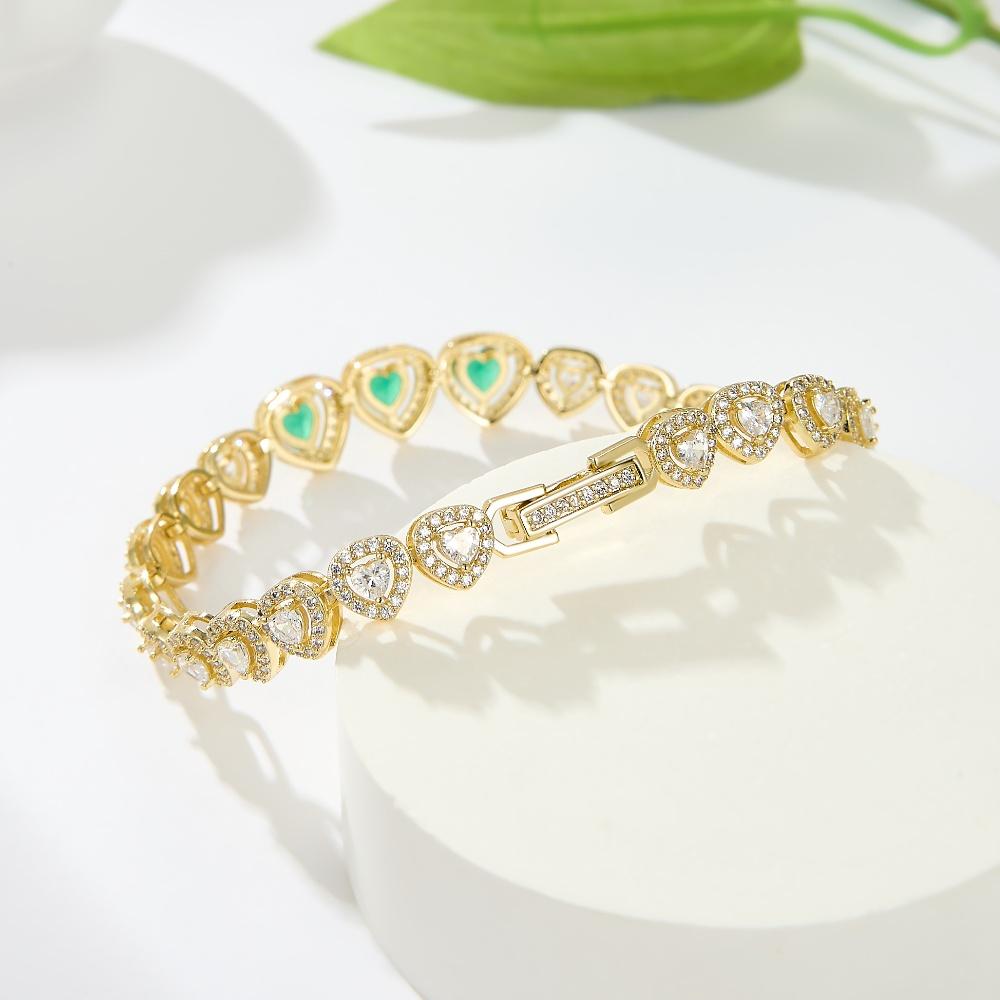 Green White Heart Zircon 14K Gold Plated Stunning Copper Tennis Bracelet