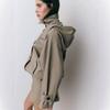 Womens Short Trench Coat Casual Loose Workwear Jacket Stand Collar Double Breasted Drawstring Hem Solid Color