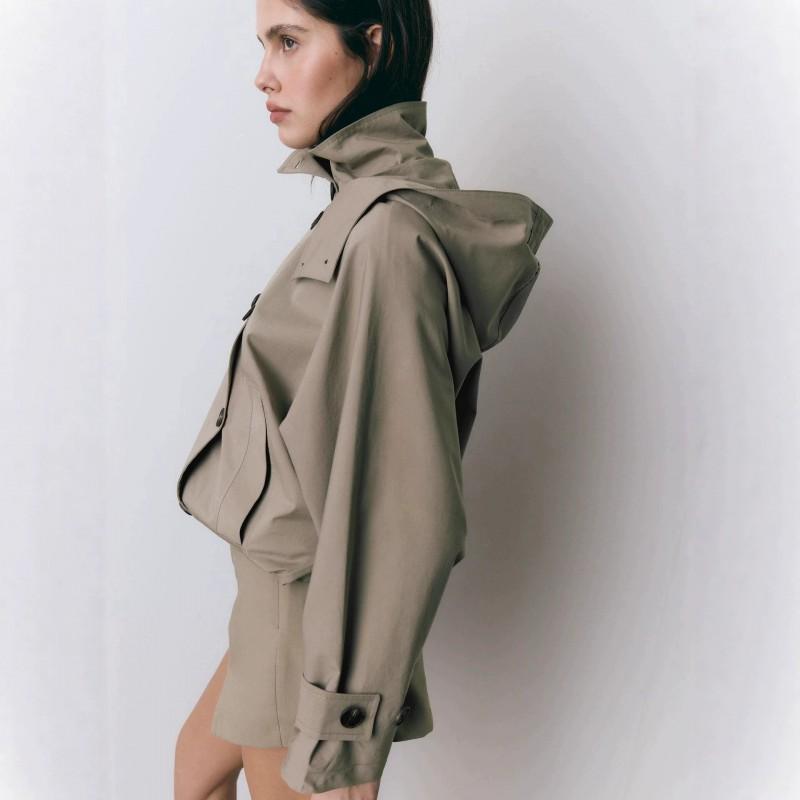 Womens Short Trench Coat Casual Loose Workwear Jacket Stand Collar Double Breasted Drawstring Hem Solid Color