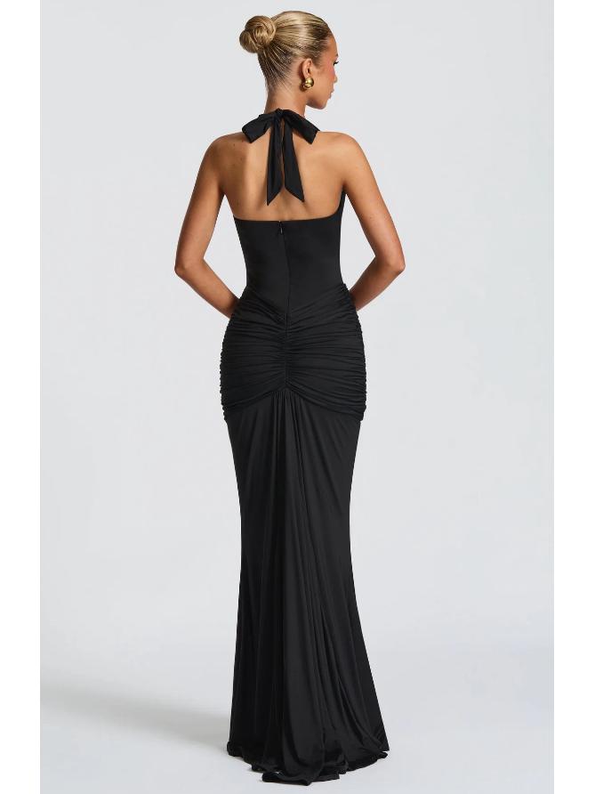 2025 Cross-Border Halter Deep V Evening Gown - Sexy Backless Long Pleated Dress