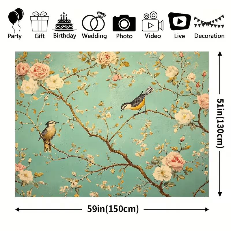 2D Teal Floral Bird Backdrop for Chinoiserie Themed Photoshoot