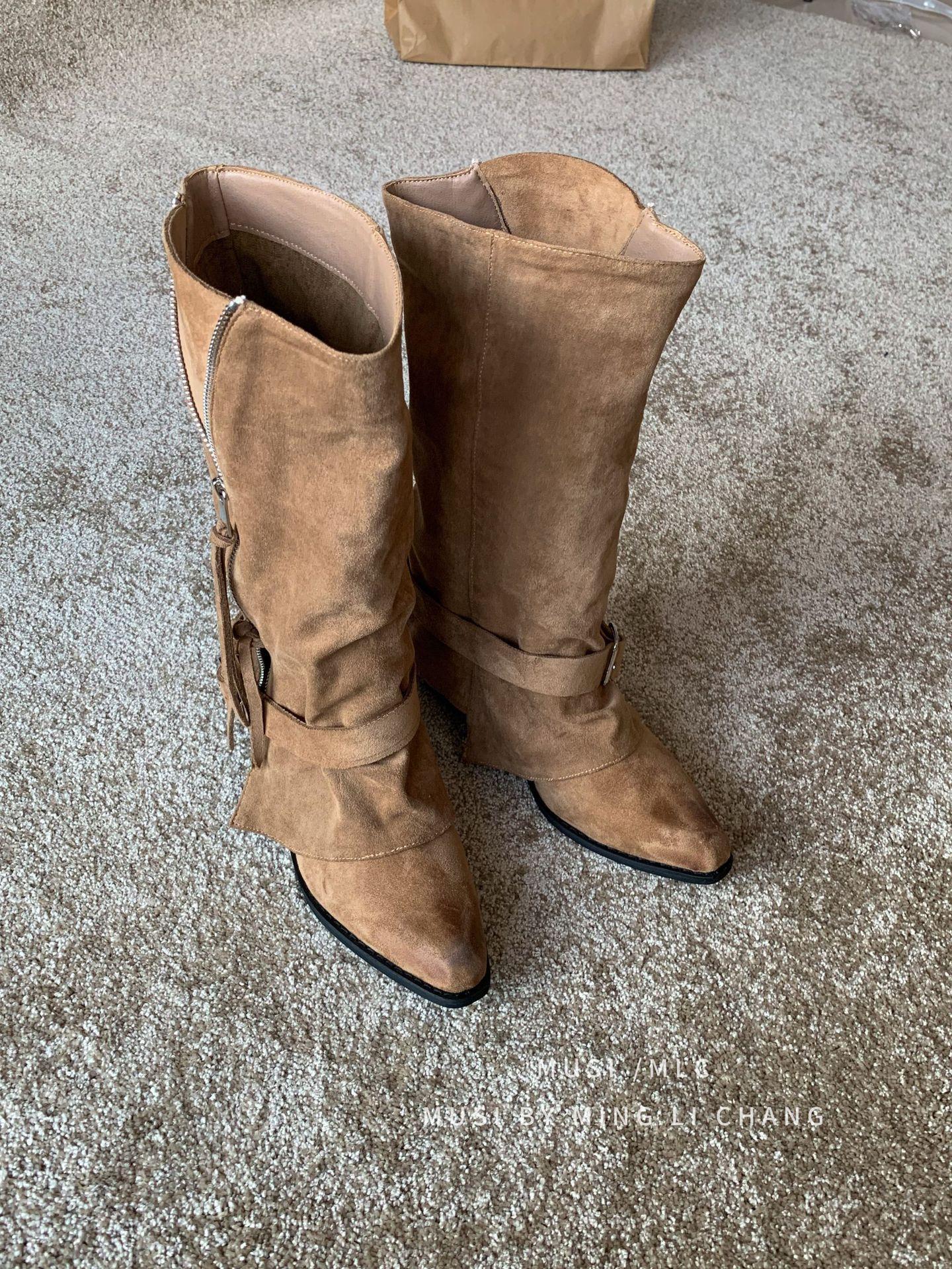 

осень-зима 2025 новые европейские и американские ретро квадратный носок полированная замша пряжка для ремня штанины ботильоны молния длинные сапоги 39 абрикосовый