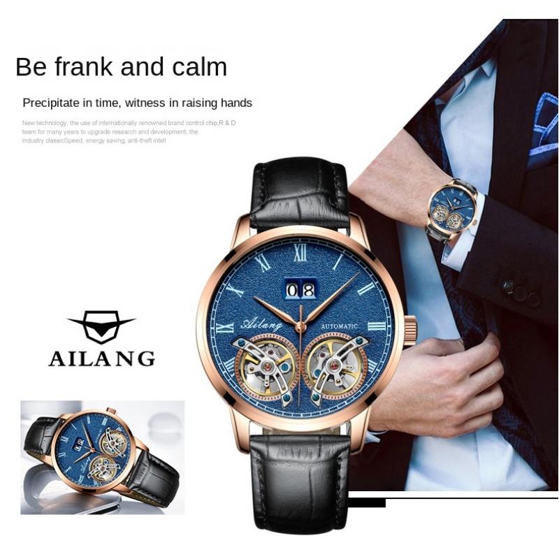 AILANG Herrenuhr, vollautomatische mechanische Uhr, doppeltes Schwungrad, wasserdicht, Kalendergürtel, Herrenuhr