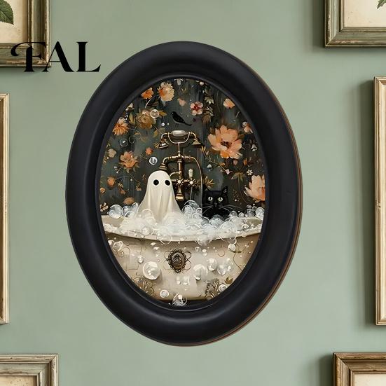 Spooky Aesthetic Room Decor Halloween Wooden Door Hanging Sign, Oval Gothic Black Cat Ghost Wall Plaque, Retro Vintage Home Waterproof Art for