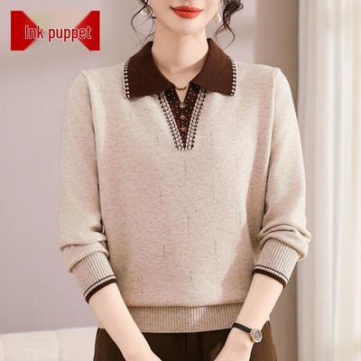 Moou Autumn/Winter Lapel Knit Pullover Sweater for Mature Women