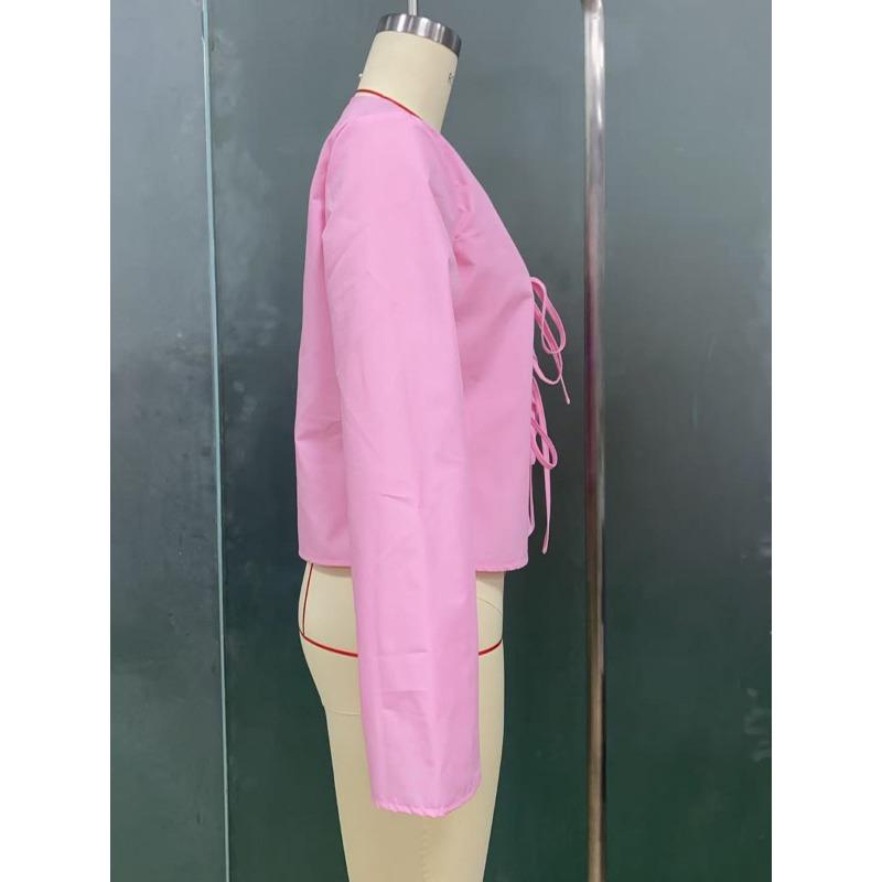 Lace-up Cardigan for Women 2025 Autumn New Style Spliced V-neck Fashion Solid Color Long-sleeved Shirt