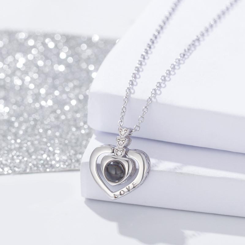 Colier cu Proiecție Memorie Te Iubesc în 100 de Limbi, Lanț Colier Inimă Dublă Inimă Piersică