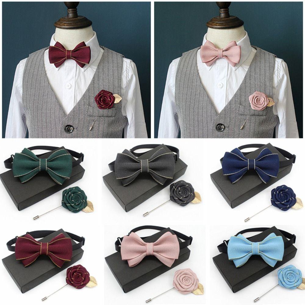 Polyester Neck Collar Adjustable Ribbon Bowtie Fashion Bow Tie Brooches Set  Business