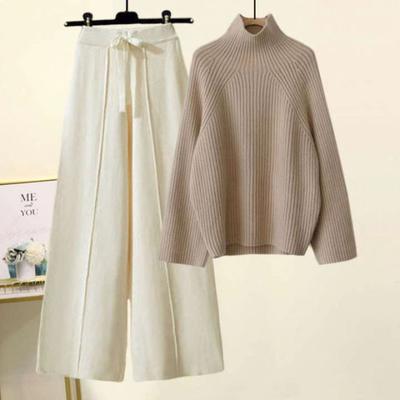 2 peças/conjunto Outono Casual Inverno Conjunto Gêmeo Casaco Calça Gola Alta Manga Longa Suéter Tricotado em Cabo e Calças Largas Roupas Exteriores Quentes Casuais Femininas
