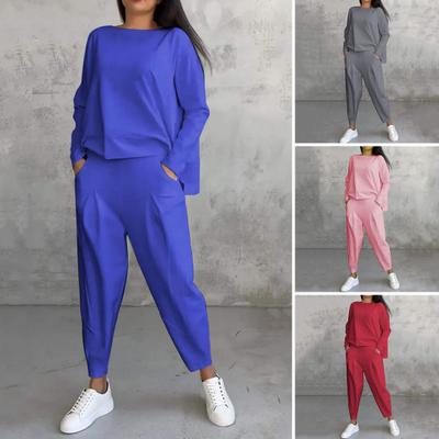 2 Pcs/Set Fall Spring Women Top Pants Set Long Sleeves O Neck T-shirt Elastic Waist Trousers