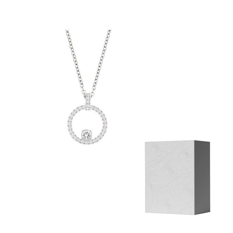 Swarovski Constella Faux Crystal Stone, Rhodium Plated Necklaces Womens Silver F-Camellia Embossed Gift Box