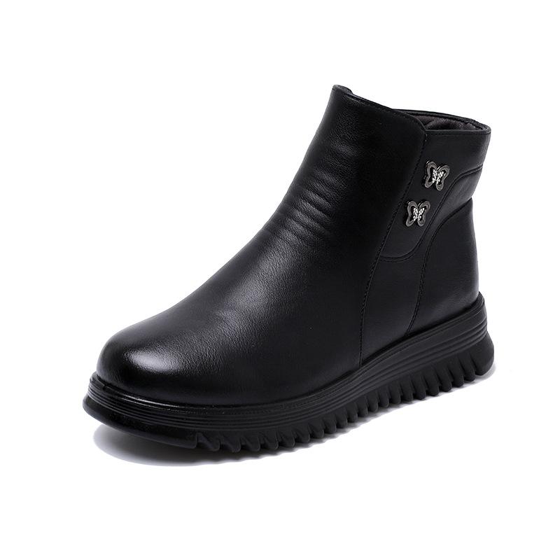 Microfiber Leather Mother Cotton Shoes Winter Velvet Warm Middle-aged and Elderly Women Flat Boots Non-slip Side Zipper for the Elderly