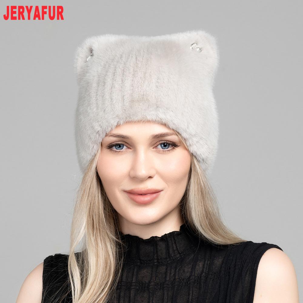 JERYAFUR Women Faux Fur Cat Ear Winter Hat, Cute Rhinestone Decor Fluffy Warm Fashion Ladies Cap for Cold Weather