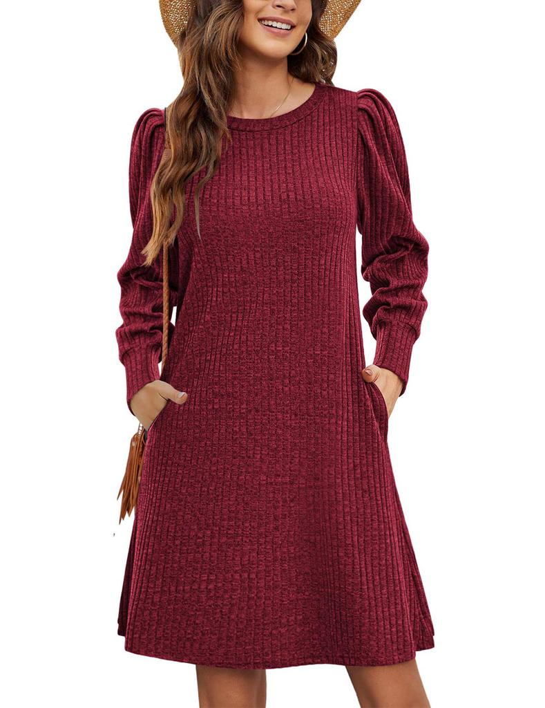 European & American Fashion Knitted Puff Sleeve Dress - Women's Autumn/Winter Casual Loose Fit with Pockets