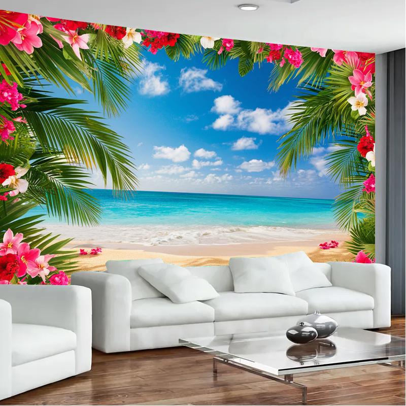 2D plane, background fabric for a Hawaiian-themed beach party, tropical palm trees and yellow flowers, polyester fiber