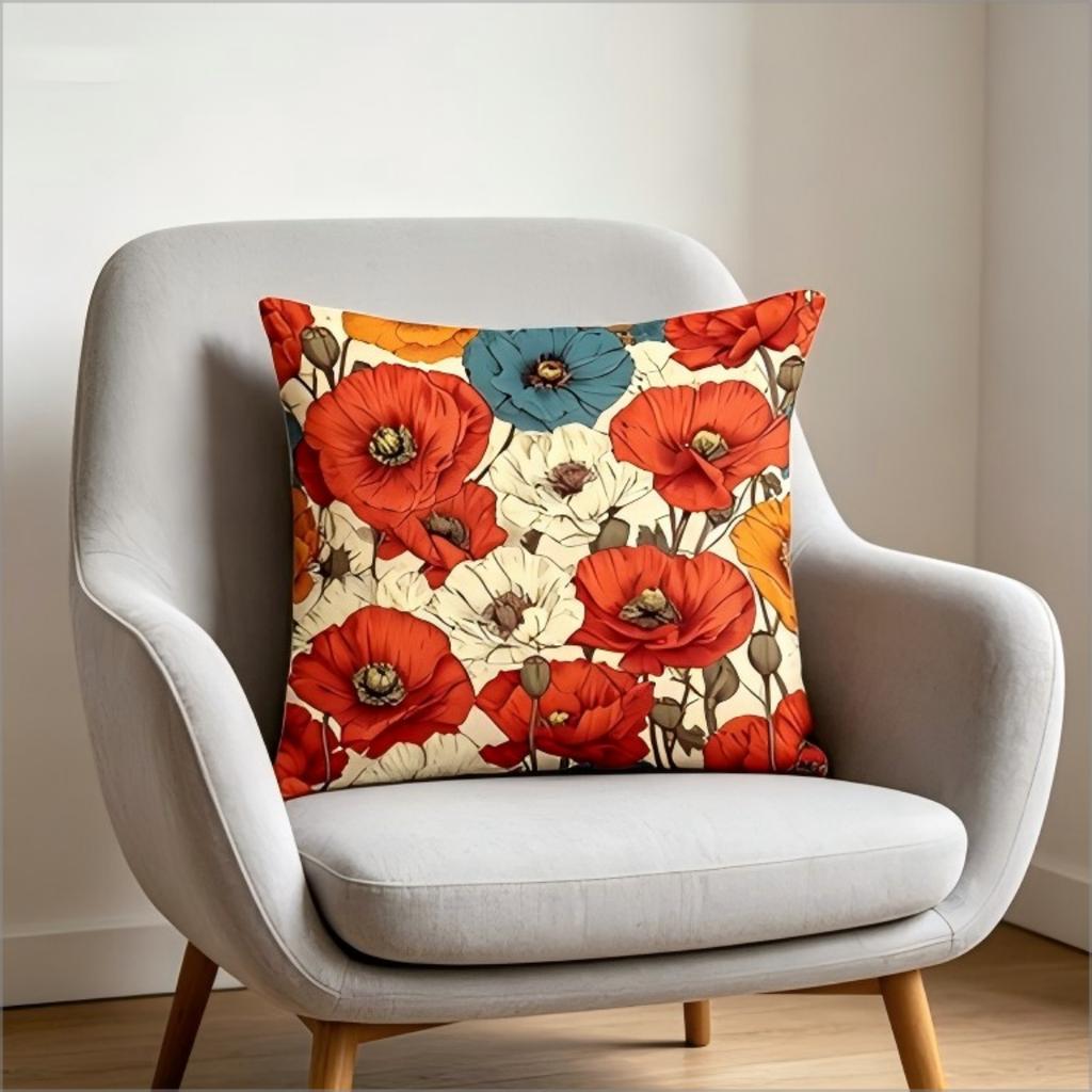 Vintage Boho Poppy Floral Throw Pillow Cover Retro Red Blue Flower Print Decorative Cushion Case For Home Sofa Couch Decor Gift