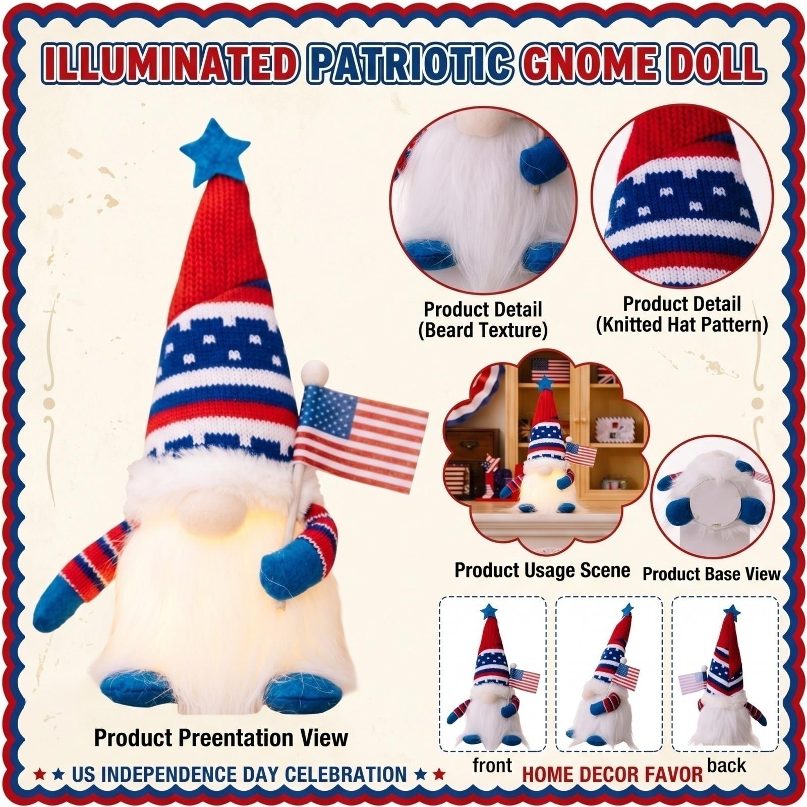 

Patriotic Knit Gnome Doll with Star Topper and Small Flag Decorative Holiday Plush Figure for Seasonal Display and Home Decoration One Size білий