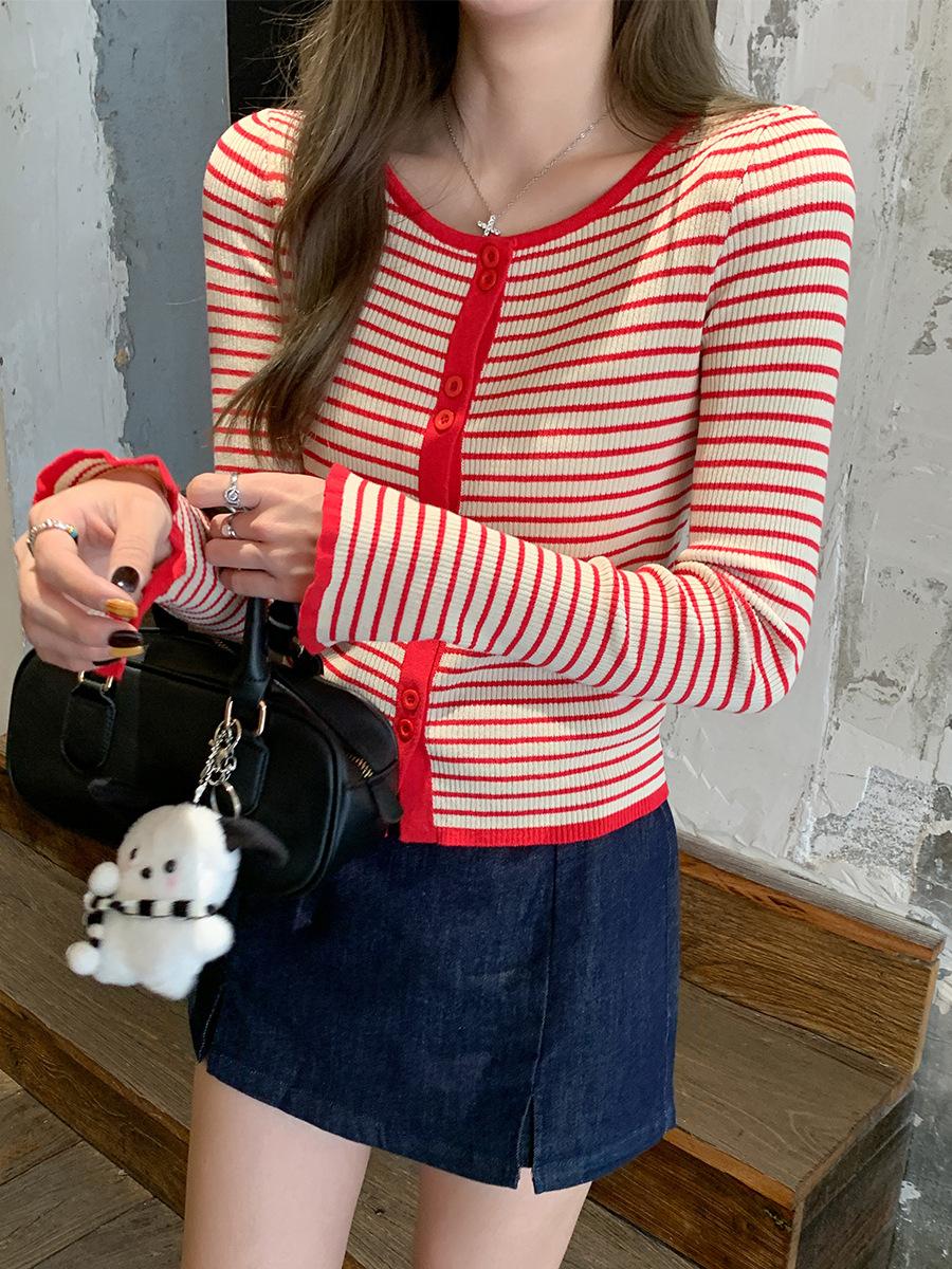 

Spice Girl Striped Design Sense Long Sleeve Knitted Cardigan Women s Autumn New Premium Versatile Bottom Shirt Sweet Top S