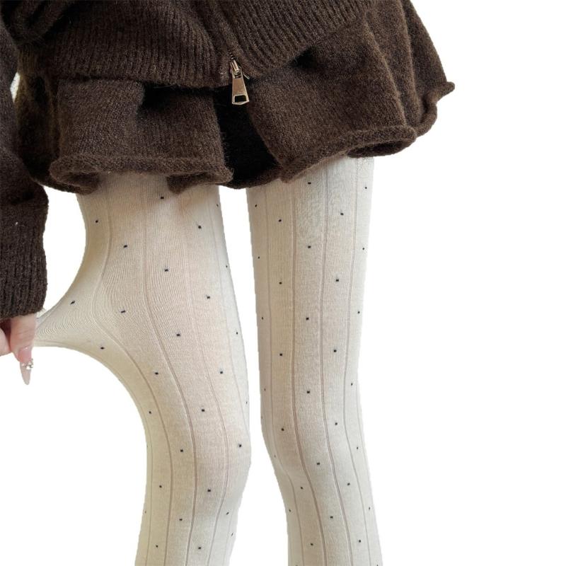 Women's High Waist Thermal Winter Fall Opaque Tights Dots Pattern Elastic Waistband Soft Cotton Ribbed Fabric Pantyhose