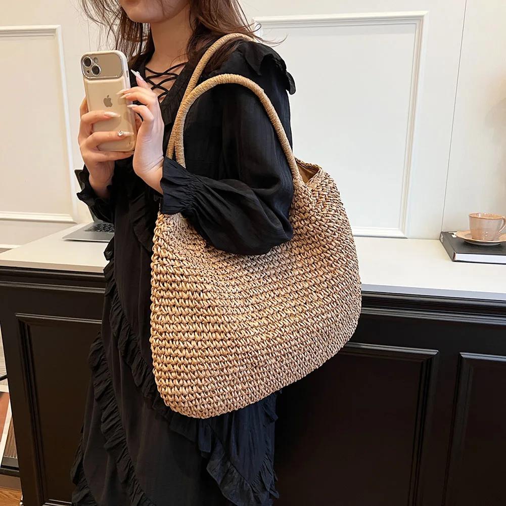 Large Capacity Weaving Underarm Bag Summer Straw Crochet Women Tote Handbag Hasp Closure Retro Beach Shoulder Bag Daily Bag 2025