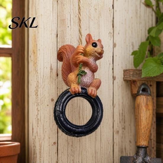 Durable Resin Patio Ornament Squirrel On Tire Outdoor Hanging Ornament, Realistic Figurine for Weather Resistant Statue Garden Tree Decoration,