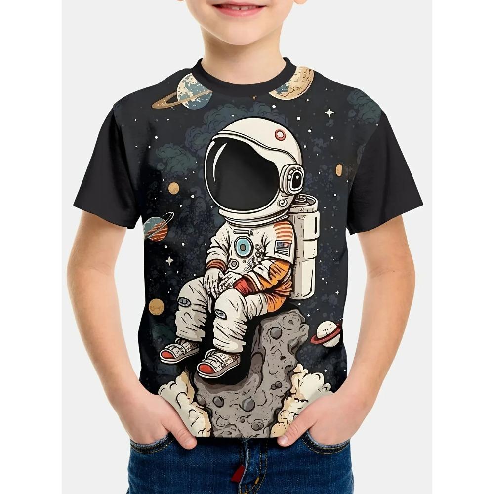 Fashionable Space Cartoon Pattern 3D Printed Boy Round Neck Short Sleeved T-shirt