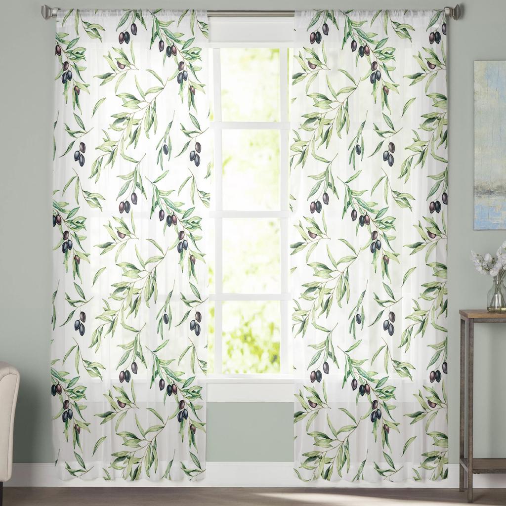 Watercolor Olive Leaf Texture Tulle Window Curtain Sheer Valances Curtains For Living Room Home Decoration Drape Panel
