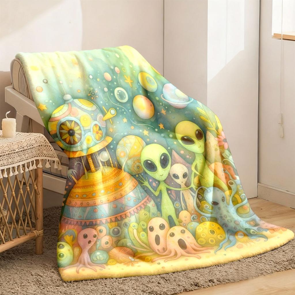 Fantasy Alien Universe Throw Blanket Vibrant Digital Print Soft Polyester AllSeason Cozy Contemporary Design for Sofa & Whimsical