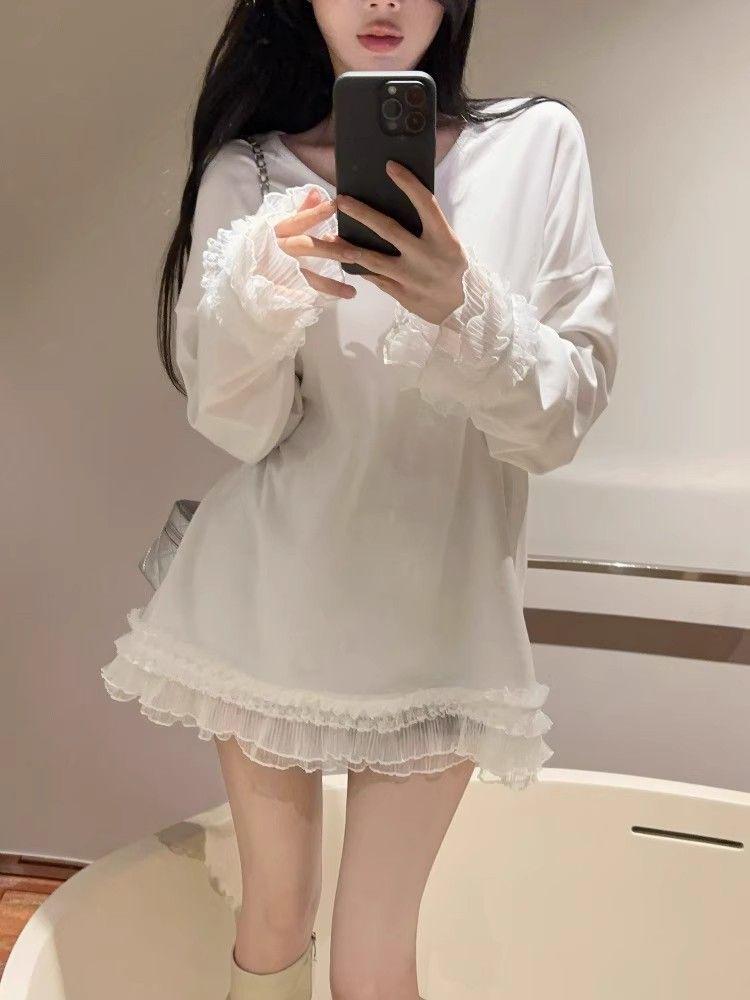 

Women s Mid-Length Faux Fur Lined Lace Top with Buttock-Covering Feature for Autumn, Winter, and Spring L белый