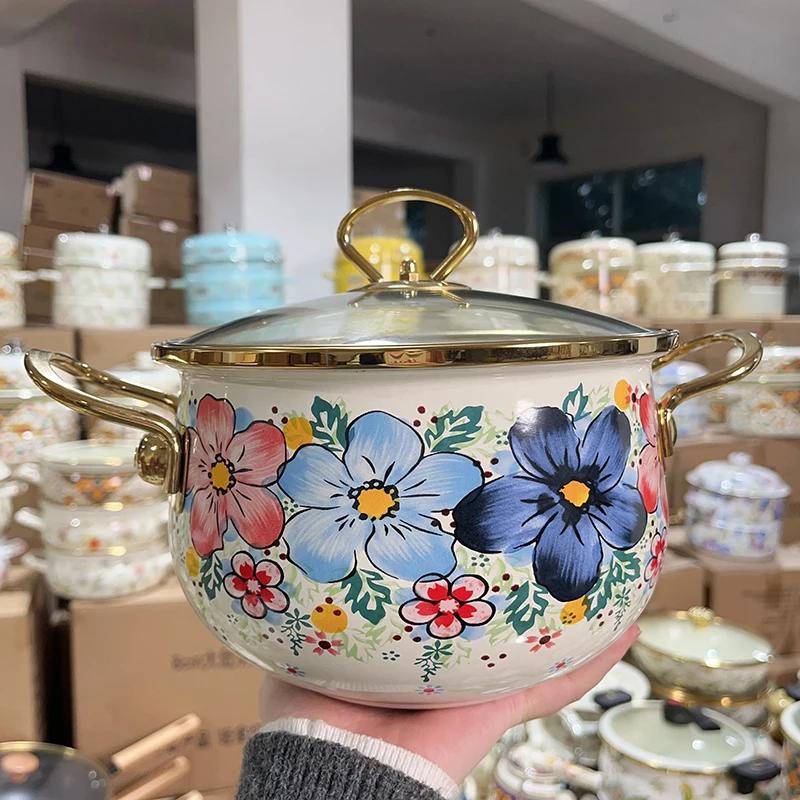 Enamel Soup Pot Large Capacity 5.5L Kitchen Cookware Enamel Stew Pot Double Handle Classical Flowers Thickened Cooking Pan