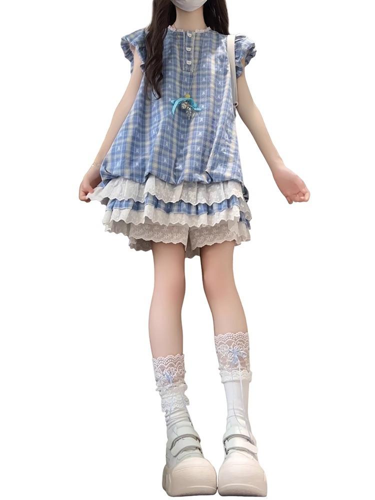 French Temperament Blue Plaid Dress for Women To Wear In Early Summer and the New Bubble Sleeve Princess Short Dress for the New Year