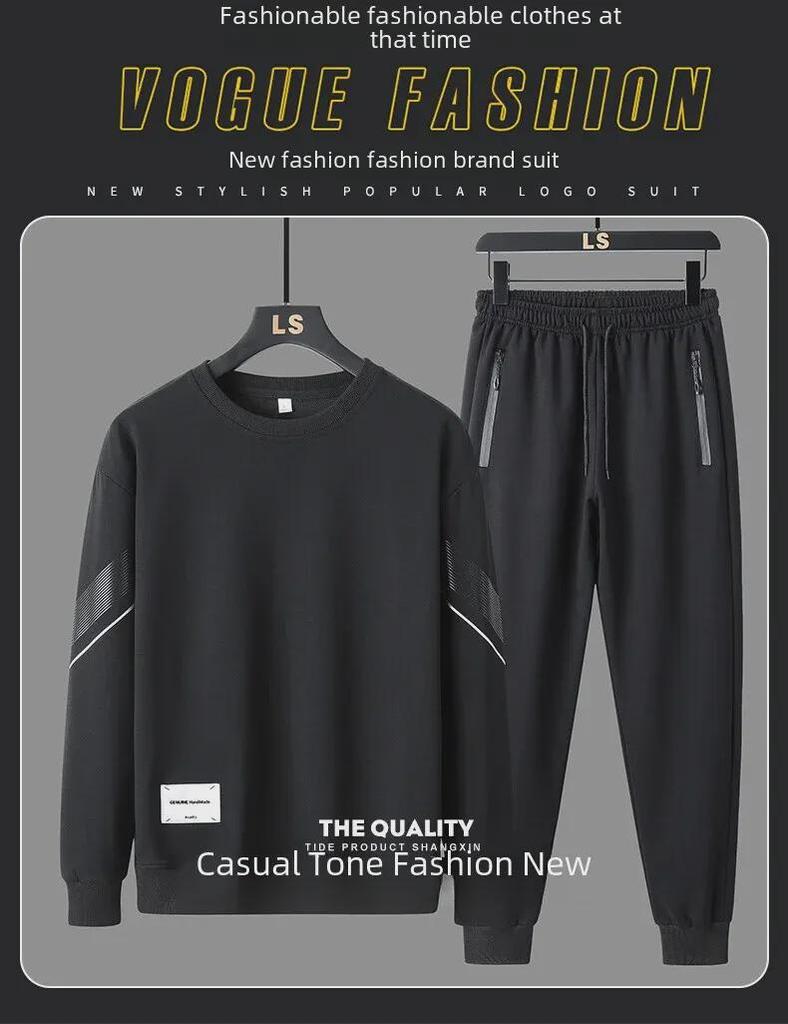 Men's Plush Thickened Two-Piece Sports Suits: Long-Sleeve Pullover & Pants - Casual Trendy Autumn/Winter Activewear