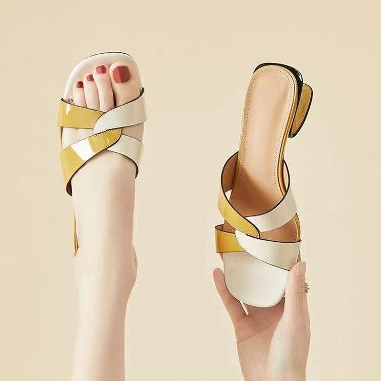 Sommer Vielseitige Mittelhohe Ferse Fischmaul Gestrickt Quadratische Spitze Damen Sandalen Hausschuhe