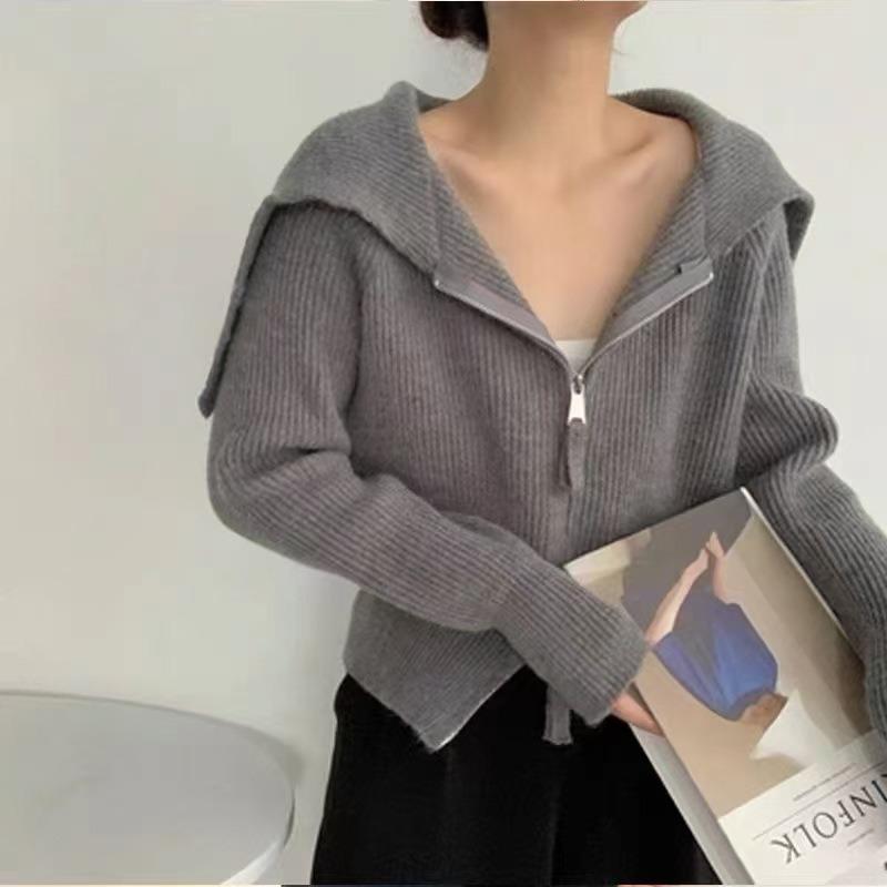 Navy collar zipper sweater jacket cardigan women's autumn and winter clothing gentle wind wear loose lazy wind top tide