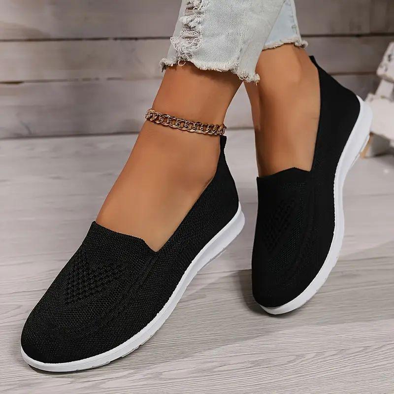 Women's Sports Shoes - Breathable Knitted Fabric, Lightweight Soft Rubber Sole, Daily Comfort, Simple and Elegant Design, Cushioned Comfort