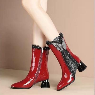Fashion FHC Sexy Women Ankle Boots,High Heels Botas,Winter Shoes Short Booties,Rhinestone Bowtis,Pointed Toe,Side Zip,35-42,Red,Dropship
