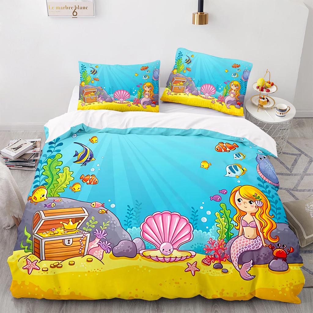 Blue Sea World Bedding Sets 3D Print  Sea Animal Dolphins Sharks And Cartoon Quilt Queen Duvet Cover Set Kids Adult Bedclothes