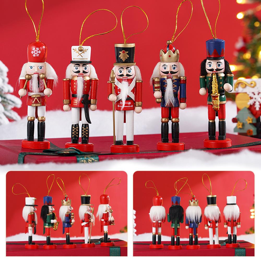 5Pcs/set 12CM Wooden Nutcracker Doll Soldier Guard Pendant Hanging Decoration Handcraft Puppet New Year Christmas Ornaments