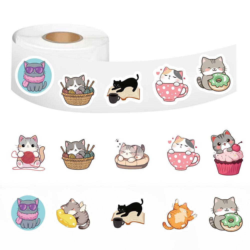 500PCS Cartoon Cat Roll Stickers Harajuku Waterproof Scrapbook Element Y2k FashionCoffee Phone Streetwear Party Stationary Decor