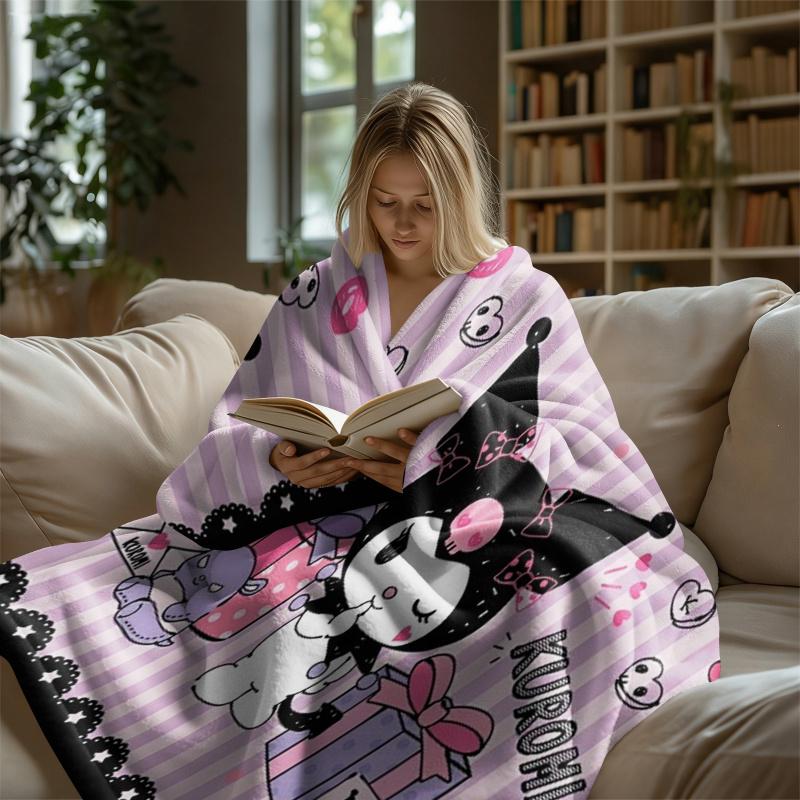 Gothic Sweet Kuromi Flannel Blanket Soft Warm Fluffy Throw Purple Strip Cute Sofa Bed Cover Office Nap Shawl Lightweight Blanket