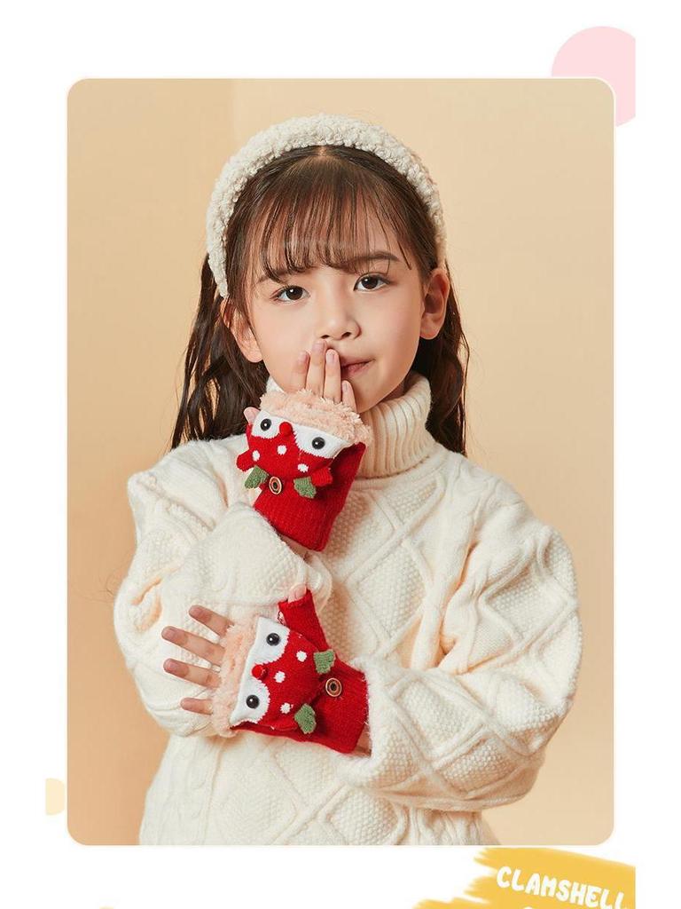 Kinder Rentier Fleece-gefütterte Fäustlinge mit Klappe, Gestrickt für Wärme, Halbfinger-Stil, Ideal zum Schreiben, Alter 3-10 Jahre, Herbst/Winter.