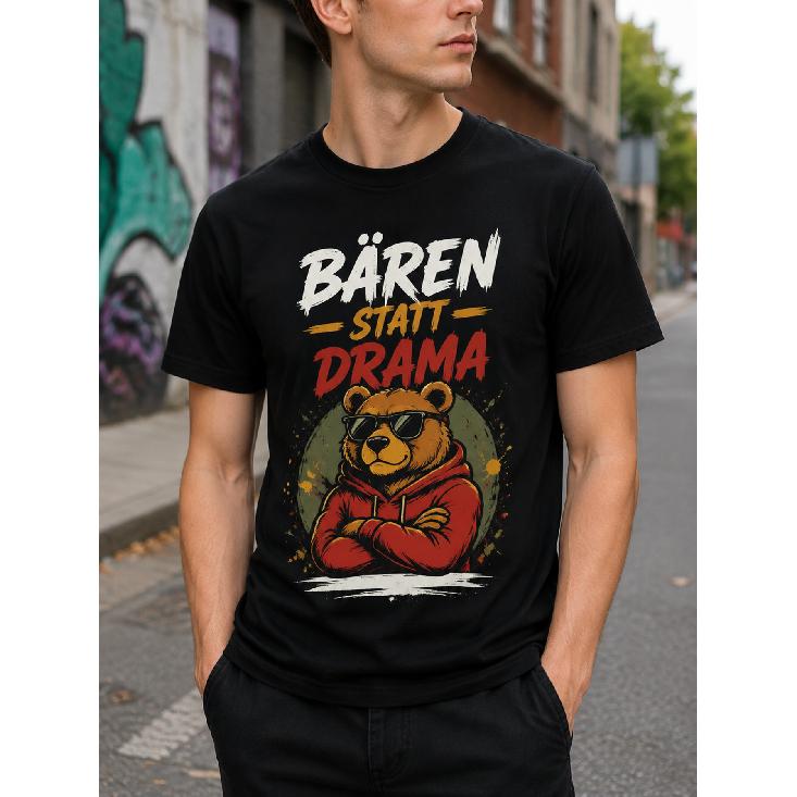 men s black short sleeve crew neck t-shirt with cool bear graphic in hoodie and sunglasses, relaxed fit cotton feel for casual streetwear S чёрный